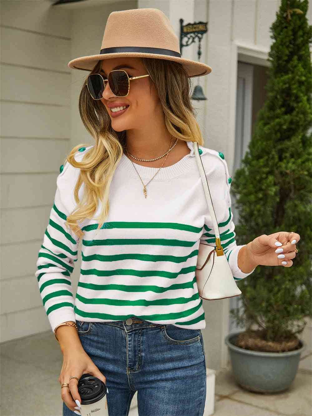 Angel Wings Round Neck Shoulder Button Striped Pullover Sweater - Hovatok