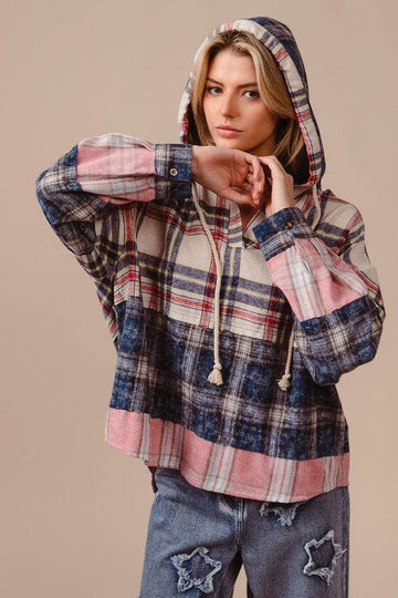 BiBi Drawstring Plaid Drop Shoulder Hoodie - Hovatok