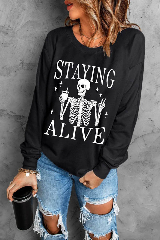 Skull Graphic Round Neck Long Sleeve Sweatshirt - Hovatok
