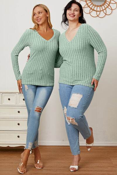 Basic Bae Full Size Ribbed V-Neck Long Sleeve T-Shirt - Hovatok