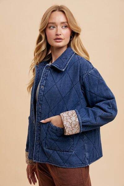 Annie Wear Quilted Printed Lining Snap Down Denim Jacket - Hovatok