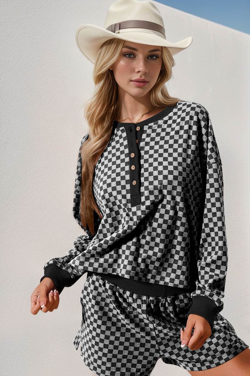 Double Take Checkered Half Button Top and Shorts Set - Hovatok