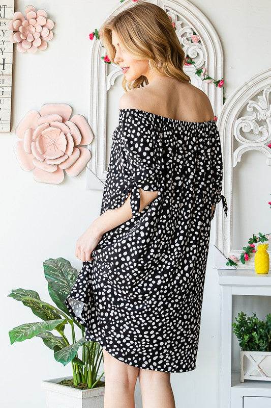 Heimish Full Size Short Sleeve Off Shoulder Animal Mini Dress Plus Size - Hovatok