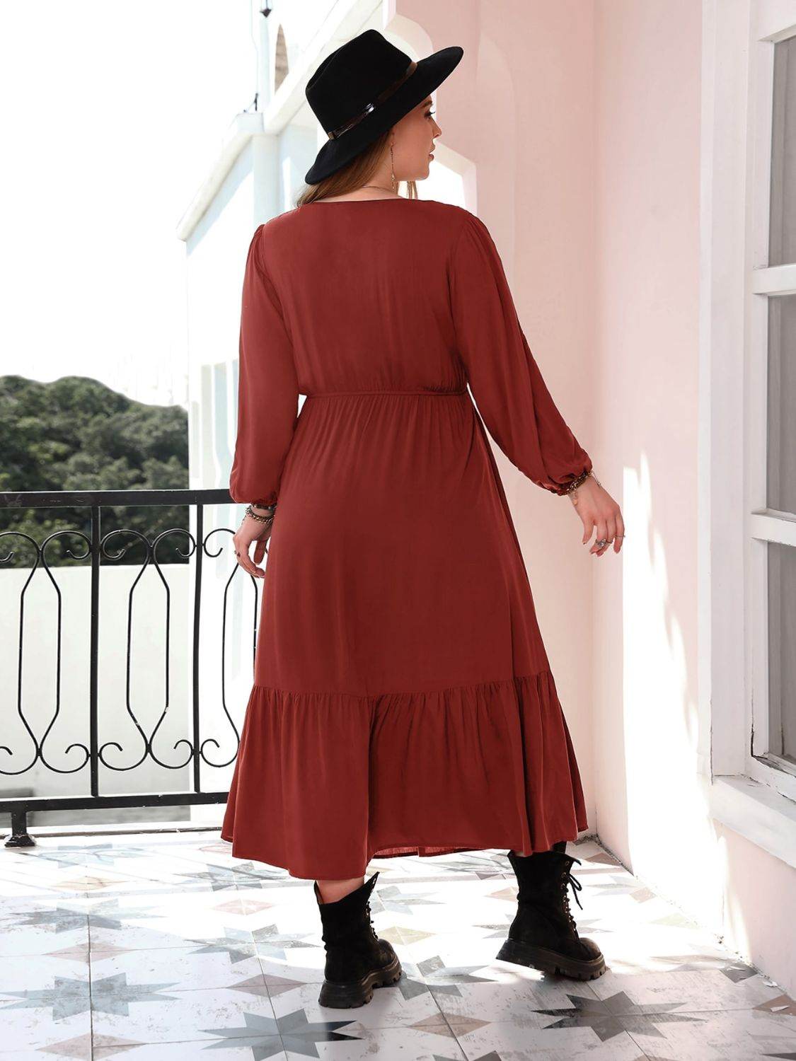 Plus Size Quarter Button V-Neck Long Sleeve Dress - Hovatok