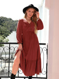 Plus Size Quarter Button V-Neck Long Sleeve Dress - Hovatok