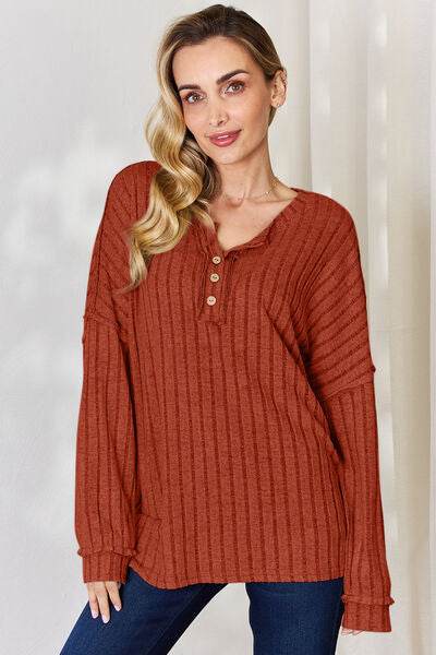 Basic Bae Full Size Ribbed Half Button Long Sleeve T-Shirt - Hovatok