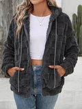 Checkered Texture Zip Up Drawstring Fuzzy Jacket - Hovatok