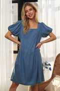 ADORA Square Neck Puff Sleeve Denim Dress - Hovatok