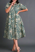 Umgee Full Size Printed Smocked Cuff Puff Sleeve Midi Dress Plus Size - Hovatok