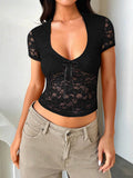 Devine V-Neck Short Sleeve Lace Top - Hovatok