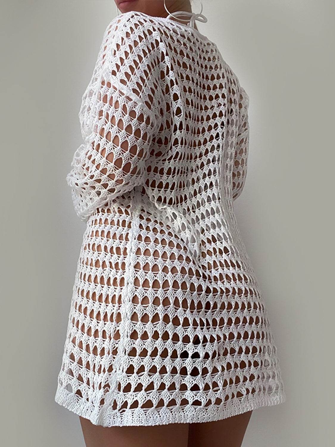 Openwork Boat Neck Long Sleeve Cover-Up - Hovatok
