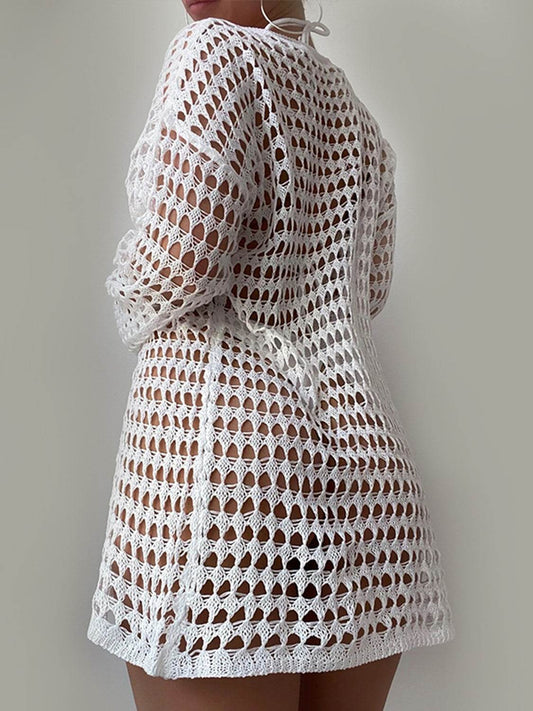 Openwork Boat Neck Long Sleeve Cover-Up - Hovatok