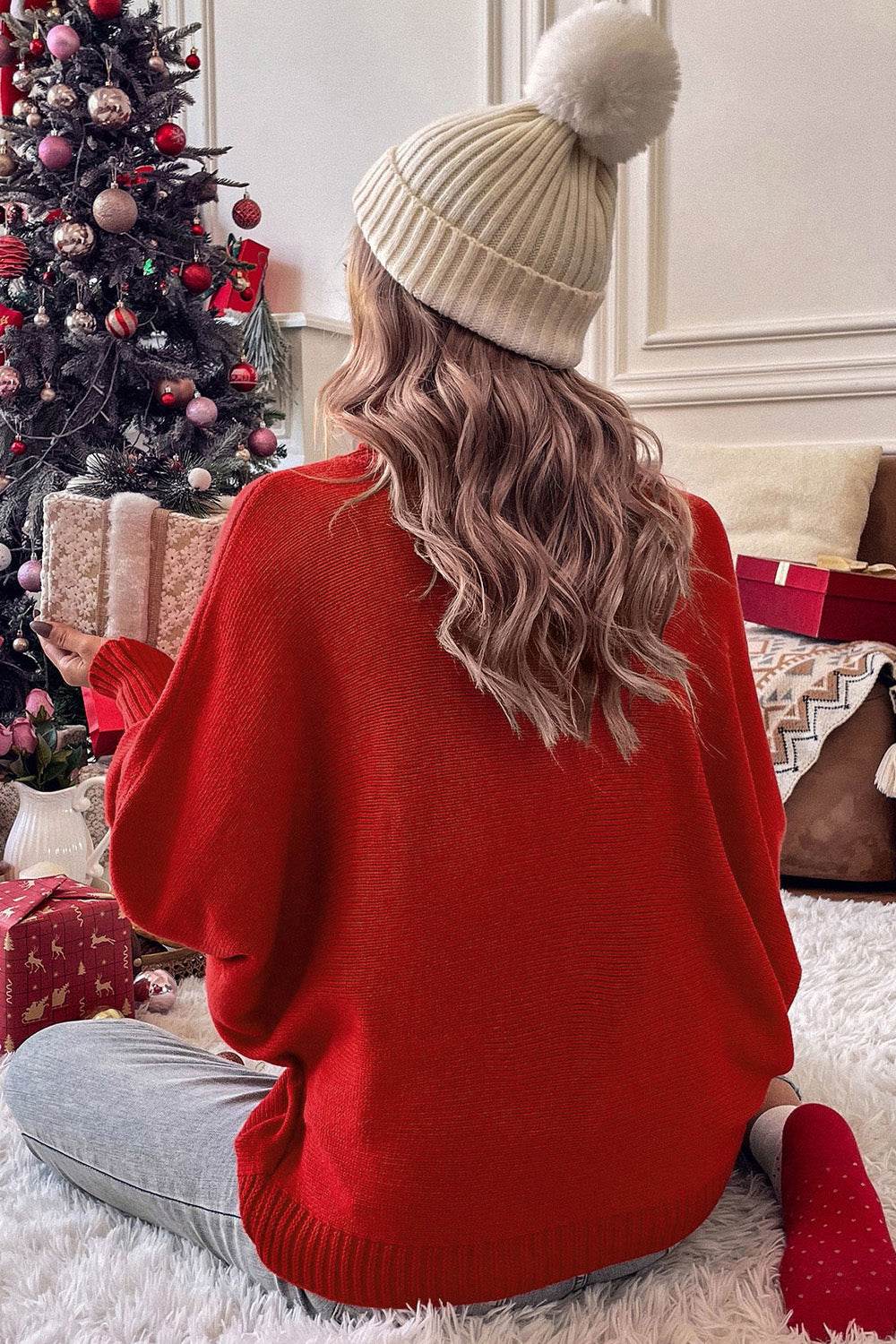 Double Take Full Size Merry Christmas Turtleneck Long Sleeve Sweater - Hovatok