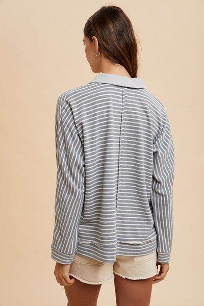 Annie Wear Striped Button Detail Long Sleeve Polo Top - Hovatok