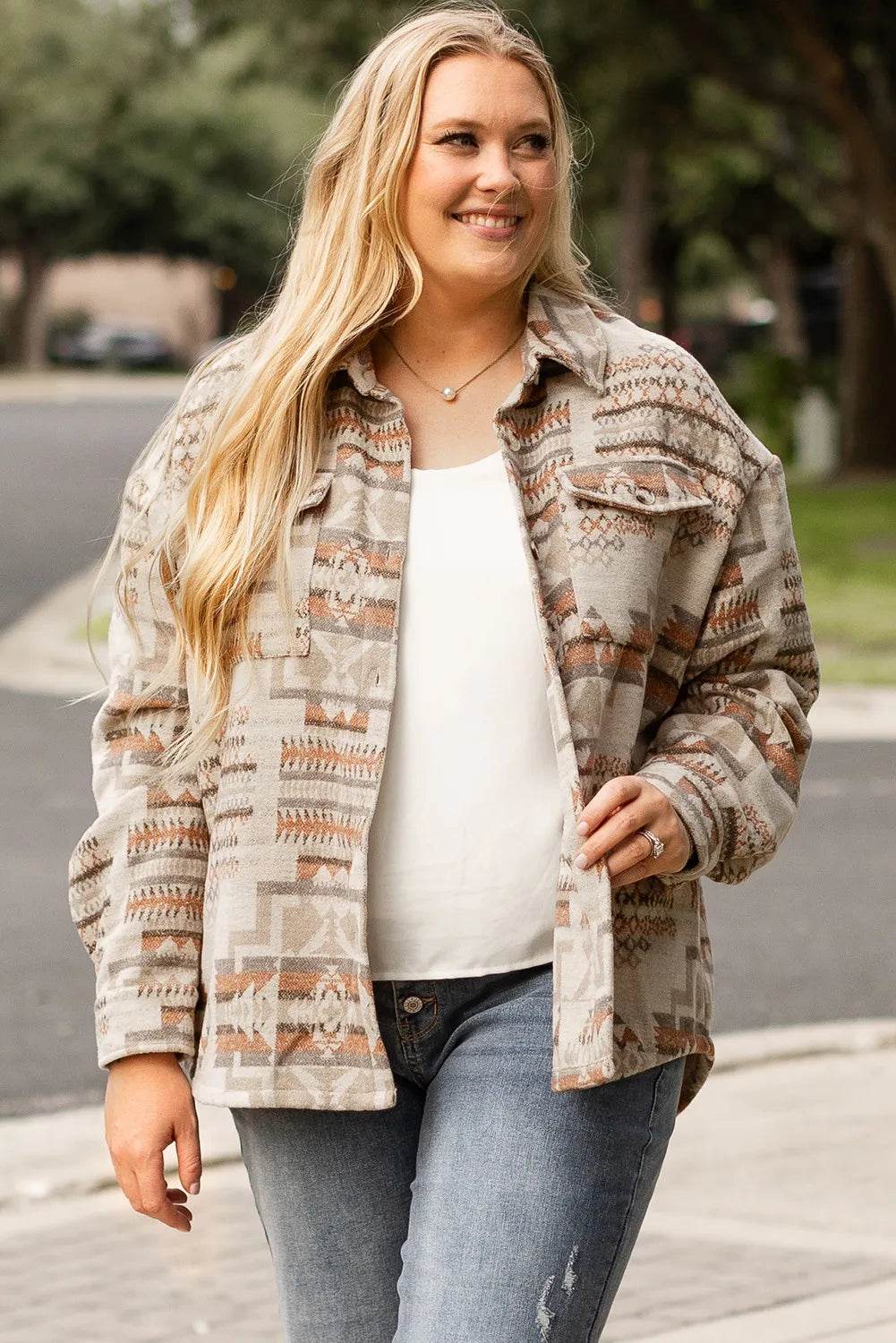 Plus Size Geometric Collared Neck Long Sleeve Jacket - Hovatok