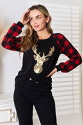 Heimish Full Size Sequin Reindeer Graphic Plaid Top - Hovatok