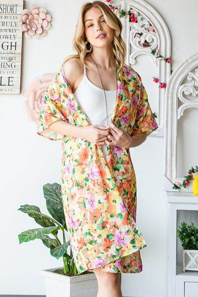 Heimish Full Size Half Sleeve Multi Color Floral Open Cardigan Plus Size - Hovatok