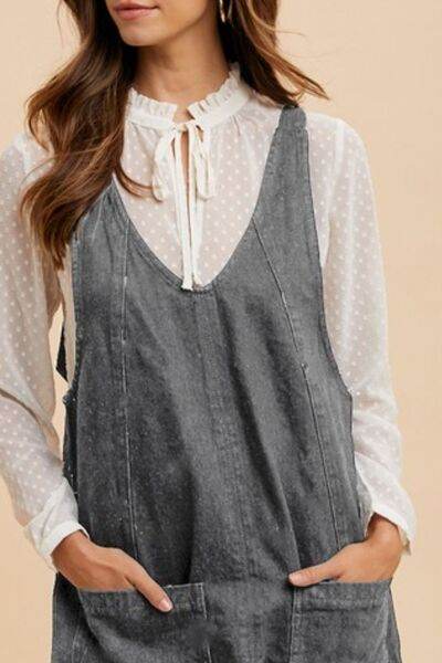 Annie Wear V-Neck Adjustable Strap Denim Overall Dress with Pockets - Hovatok