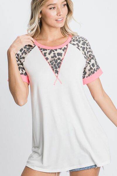 HeimishFull Size Leopard Round Neck Short Sleeve T-Shirt with Stitch Plus Size - Hovatok