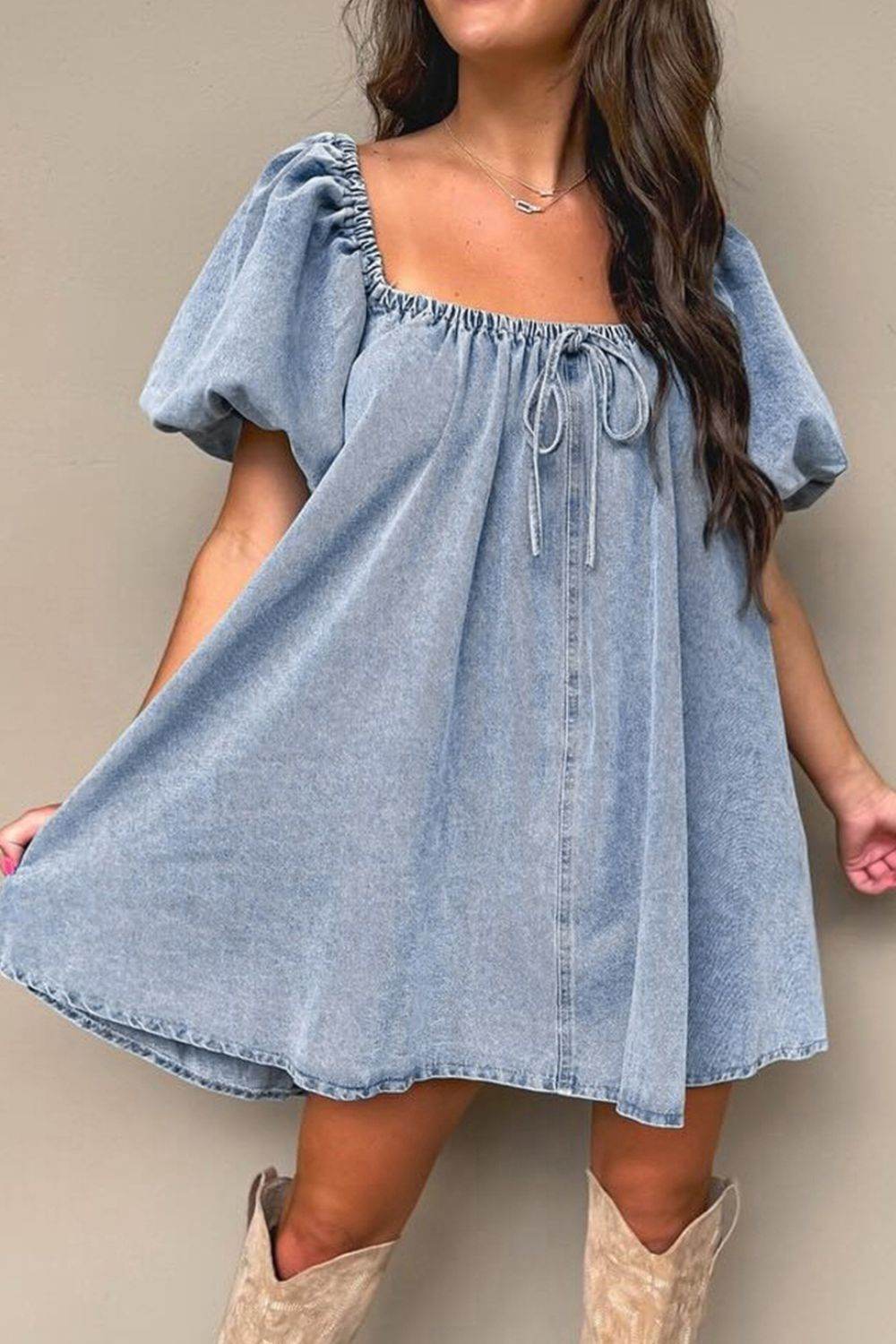 Bubble Sleeve Square Neck Denim Babydoll Dress - Hovatok