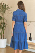 ADORA Tiered Button Down Tie Waist Short Sleeve Denim Dress - Hovatok