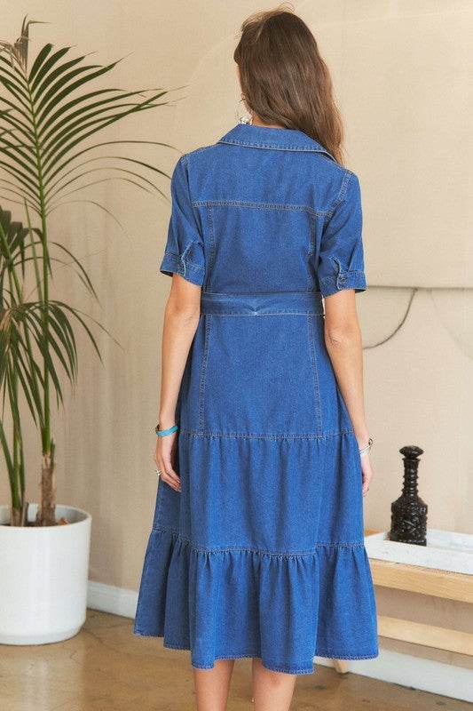 ADORA Tiered Button Down Tie Waist Short Sleeve Denim Dress - Hovatok