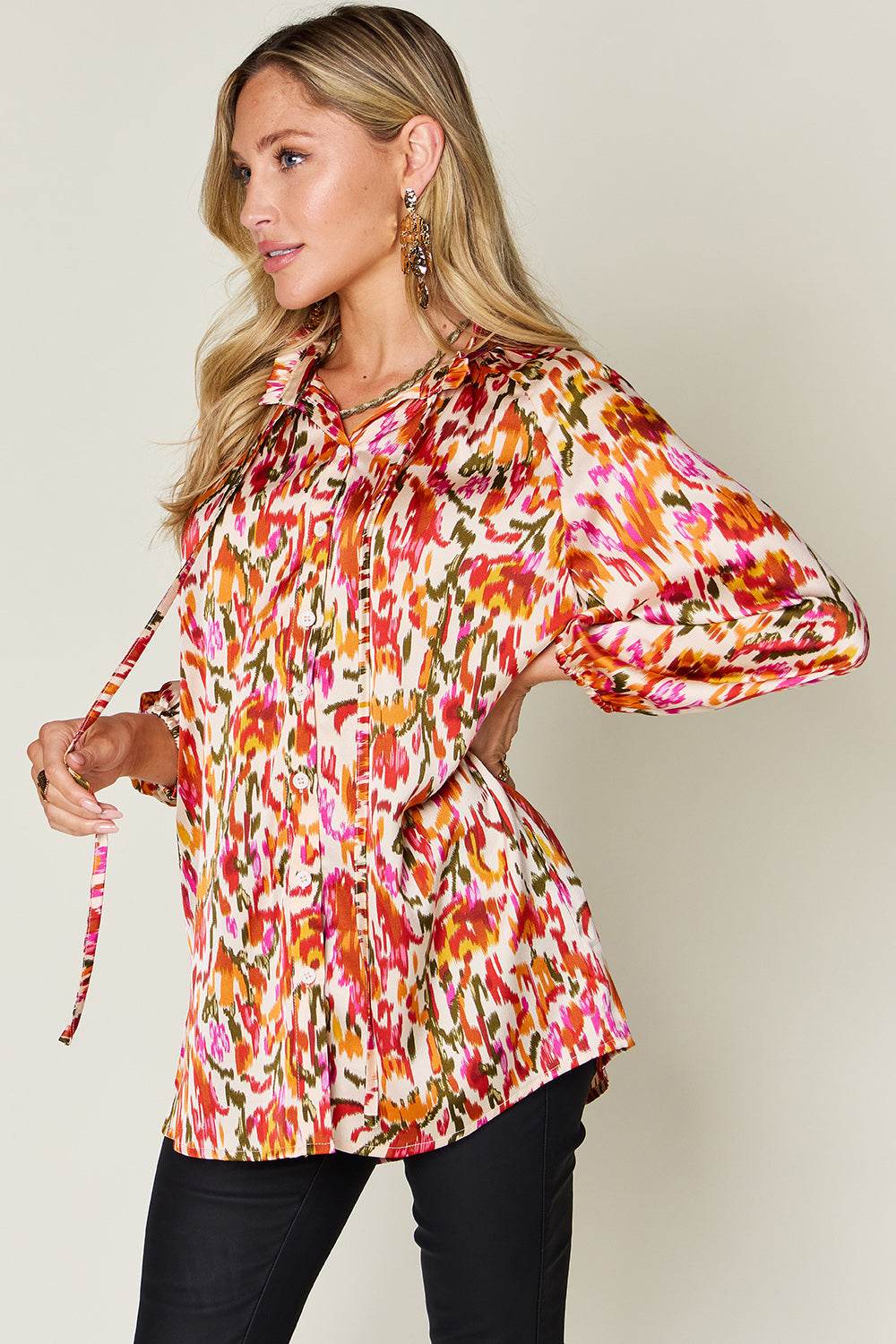 Double Take Full Size Printed Button Up Long Sleeve Shirt - Hovatok
