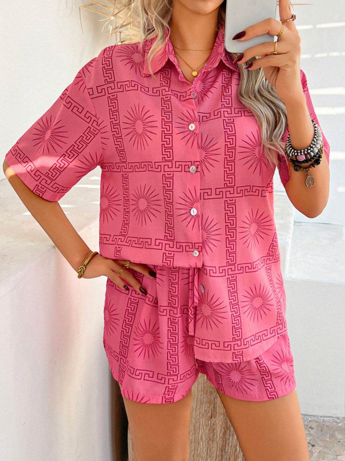 Devine Printed Button Down Shirt and Shorts Set - Hovatok