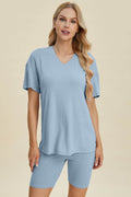 Basic Bae Full Size Ribbed V-Neck Short Sleeve Top and Shorts Set - Hovatok