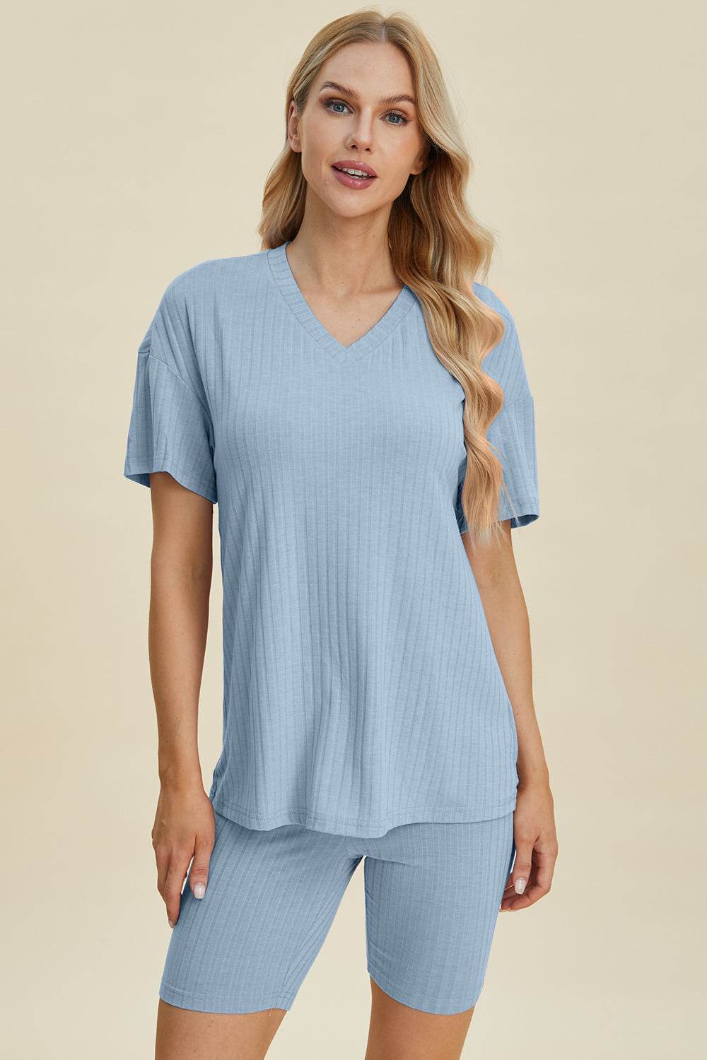 Basic Bae Full Size Ribbed V-Neck Short Sleeve Top and Shorts Set - Hovatok