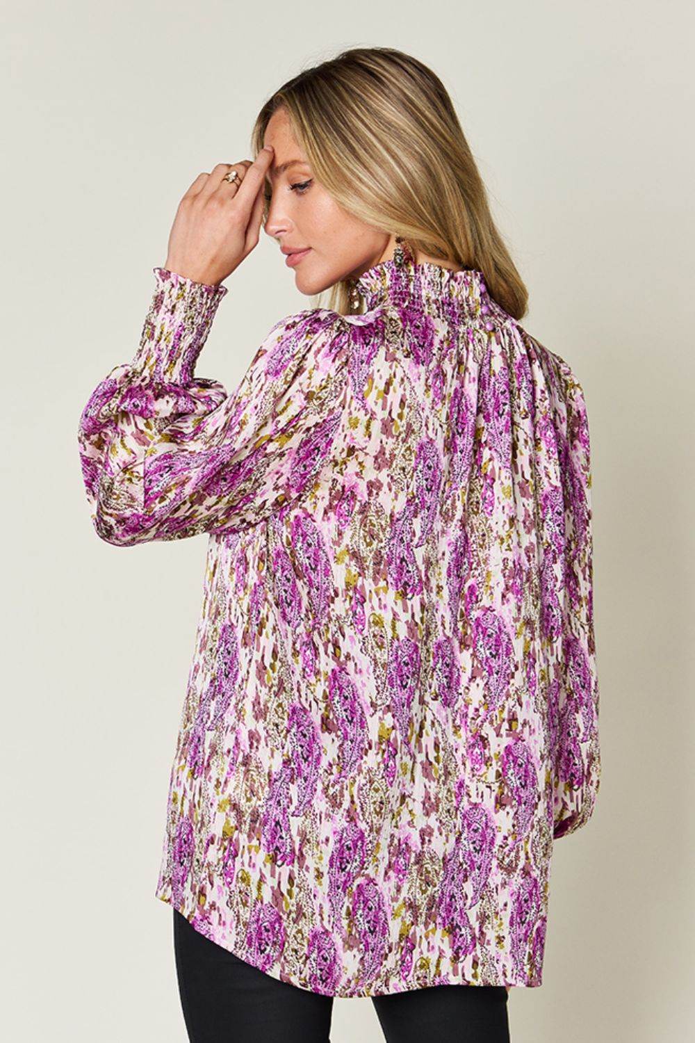 Double Take Full Size Printed Smocked Long Sleeve Blouse - Hovatok