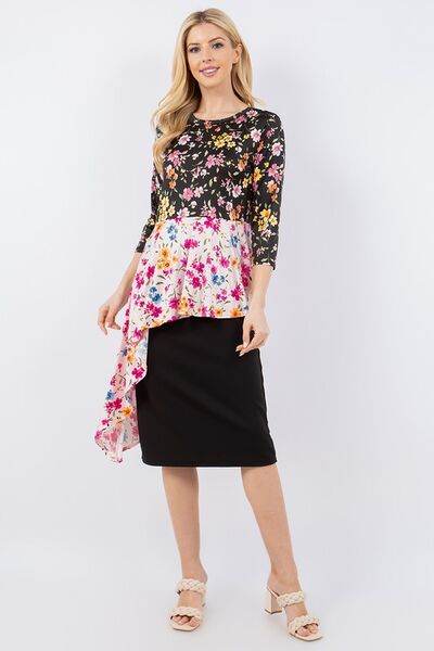 Celeste Full Size Floral Asymmetrical Hemline Round Neck Top Plus Size - Hovatok