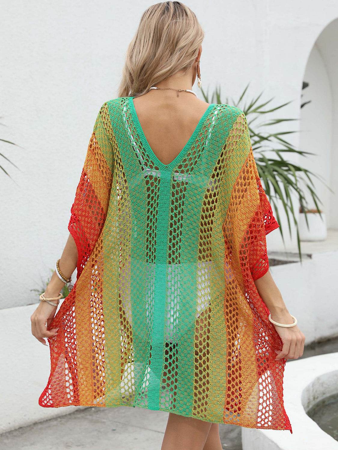 Openwork Contrast V-Neck Cover-Up - Hovatok