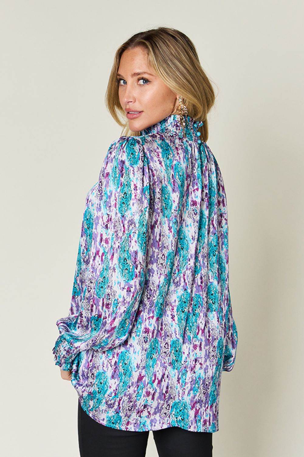 Double Take Full Size Printed Smocked Long Sleeve Blouse - Hovatok