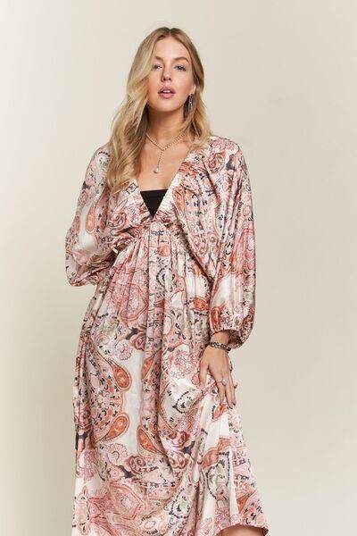 ADORA Printed V-Neck Batwing Sleeve Dress - Hovatok