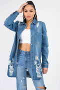 American Bazi Distressed Button Down Denim Shirt Jacket - Hovatok