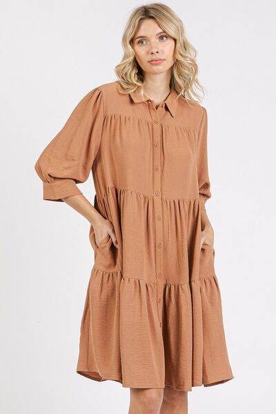 Mittoshop Button Detail Collared Neck Tiered Shirt Dress - Hovatok