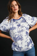Umgee Full Size Two Tone Landscape Round Neck Print Top Plus Size - Hovatok