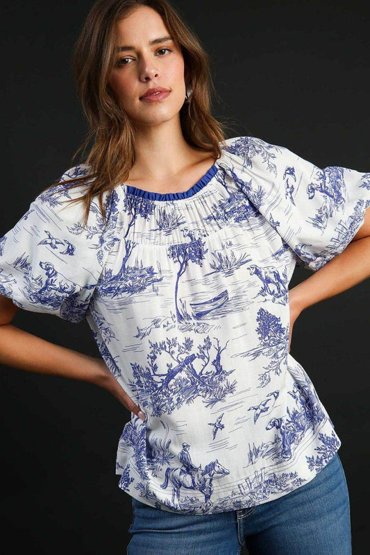 Umgee Full Size Two Tone Landscape Round Neck Print Top Plus Size - Hovatok