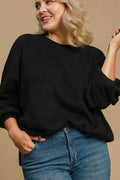 Umgee Full Size Side Slit Wool Blend Round Neck Sweater Plus Size - Hovatok