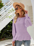 Ribbed Round Neck Lantern Sleeve Sweater - Hovatok