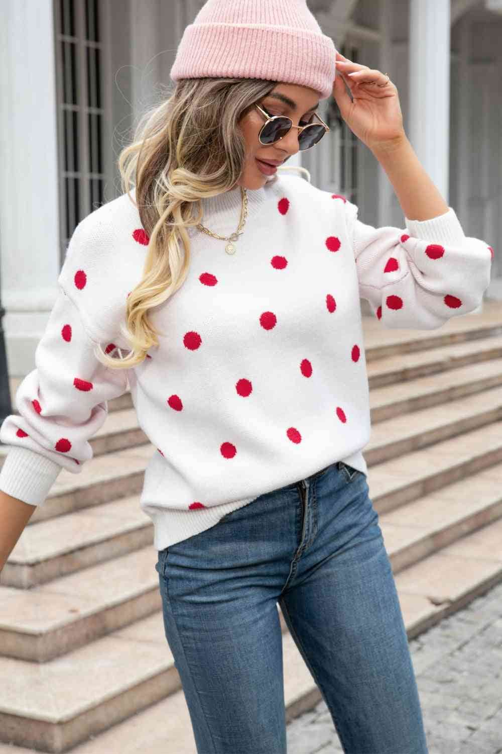 Angel Wings Woven Right Polka Dot Round Neck Dropped Shoulder Sweater - Hovatok