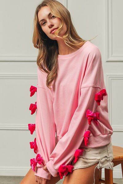 BiBi Velvet Ribbon Bows Long Sleeve Round Neck Sweatshirt - Hovatok
