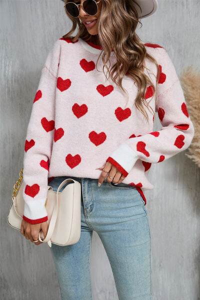 Angel Wings Contrast Trim Heart Round Neck Sweater - Hovatok
