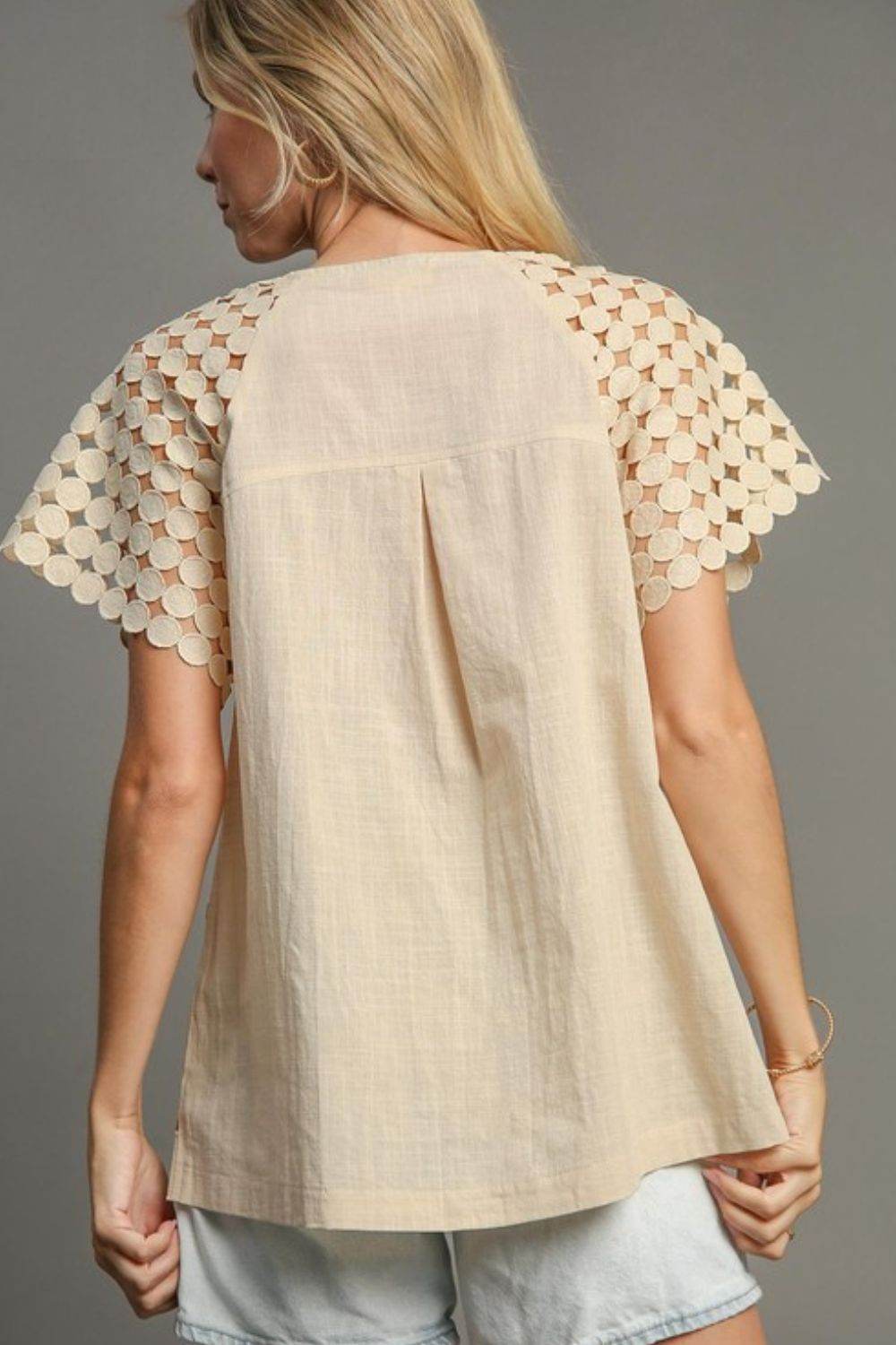 Umgee Full Size Mixed Polka Dot Lace Raglan Sleeve Boxy Cut Top Plus Size - Hovatok