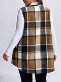 Honey Plus Size Pocketed Plaid Button Up Vest Coat - Hovatok