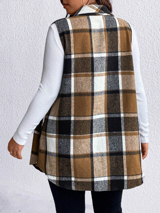 Honey Plus Size Pocketed Plaid Button Up Vest Coat - Hovatok