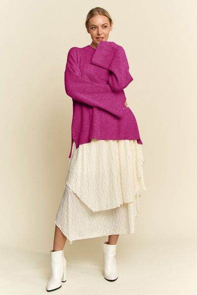 Davi & Dani High-Low Round Neck Drop Shoulder Sweater - Hovatok