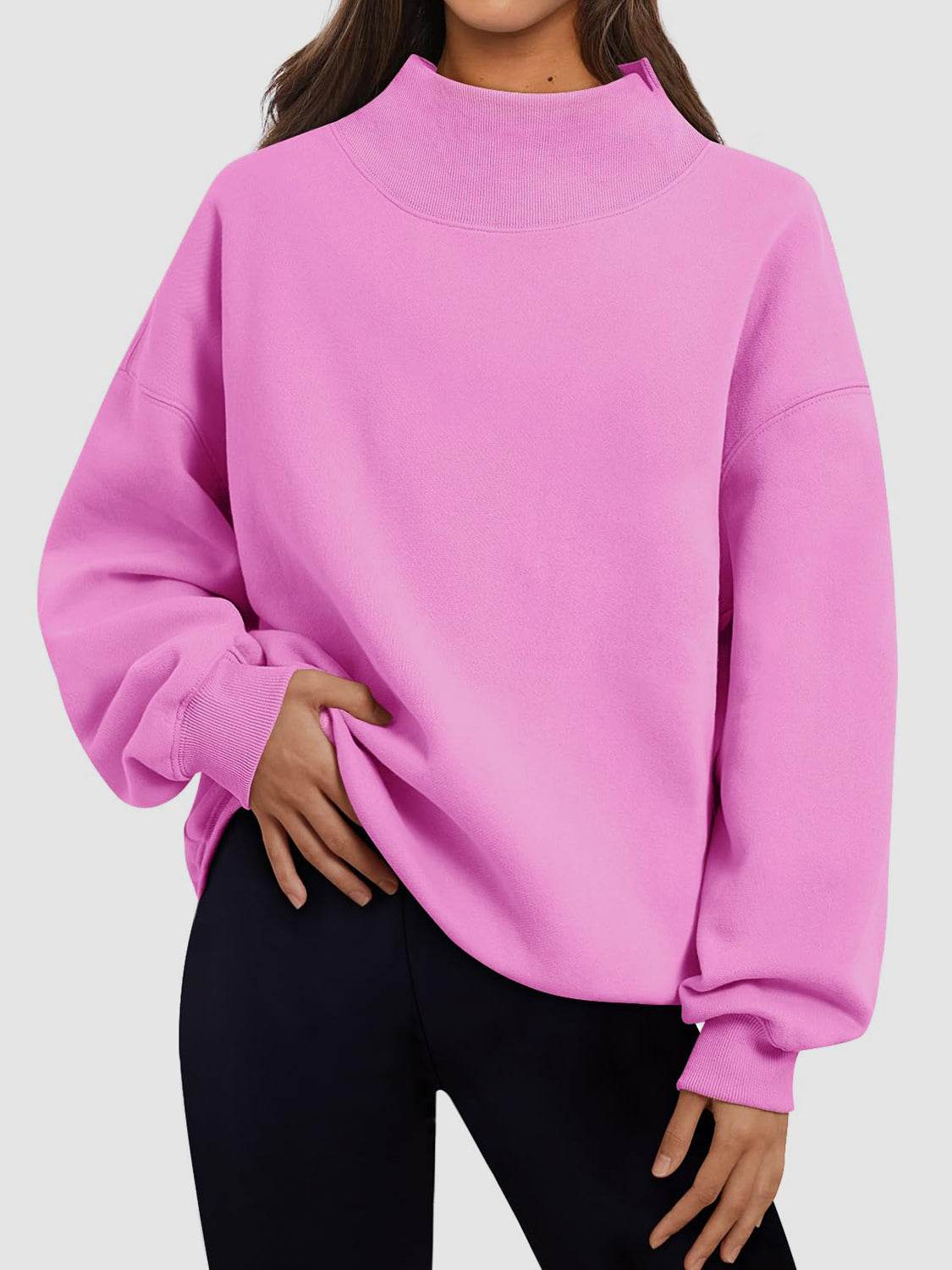Mock Neck Drop Shoulder Long Sleeve Sweatshirt - Hovatok