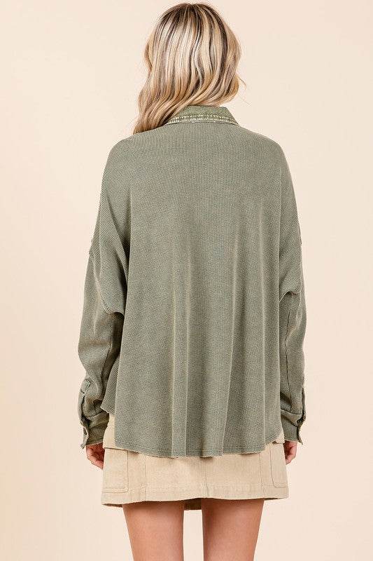 Mittoshop Mineral Wash Waffle Knit Collared Neck Henley Top - Hovatok